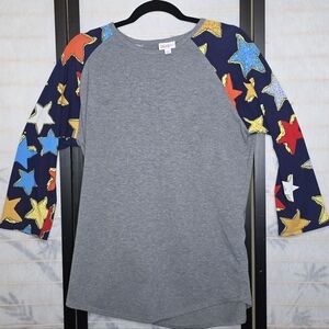 LuLaRoe Gray Top with Colorful Star Sleeves